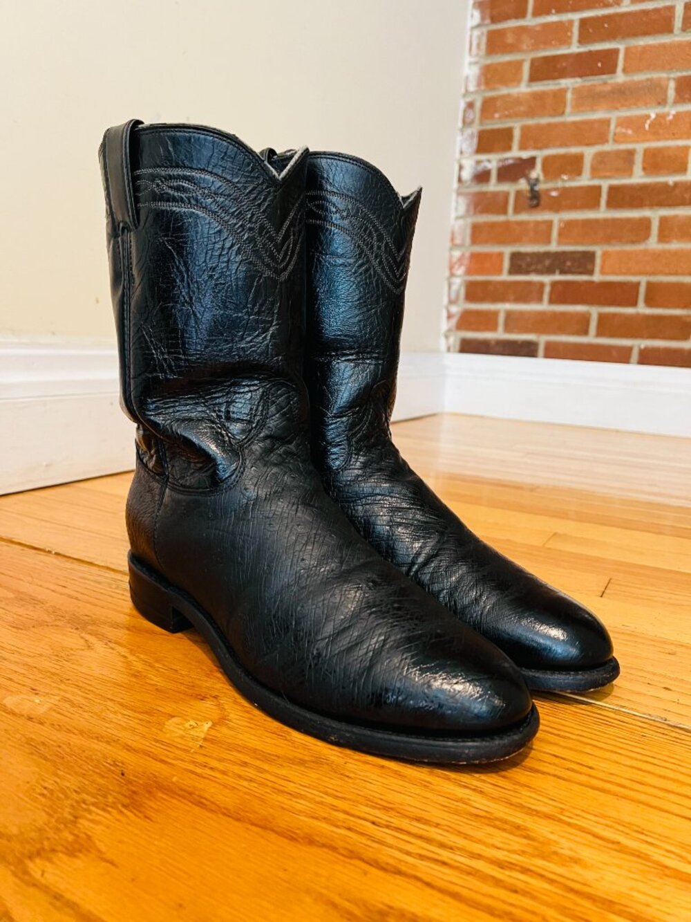 JUSTIN 3172 USA BLACK LEATHER OSTRICH ROPER RODEO RIDER RANCHWEAR COWBOY BOOTS